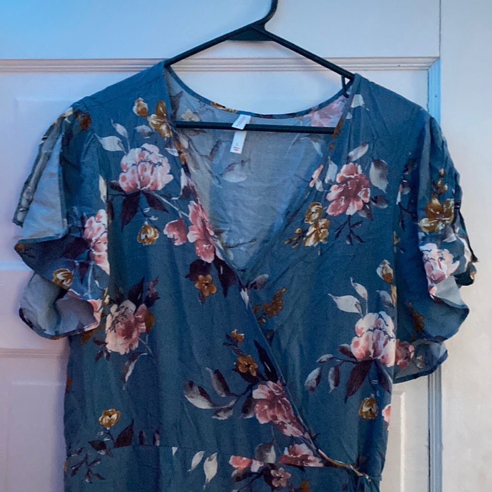 Long Blue Flower Wrap Dress